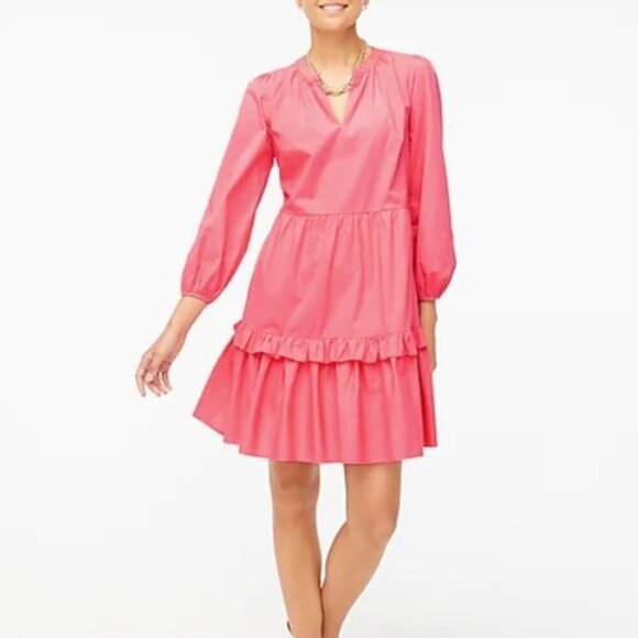J Crew Tiered Ruffle Dress Cotton Poplin 3/4 Sleeves Elastic Cuffs V-Neck Pink L - Picture 1 of 12